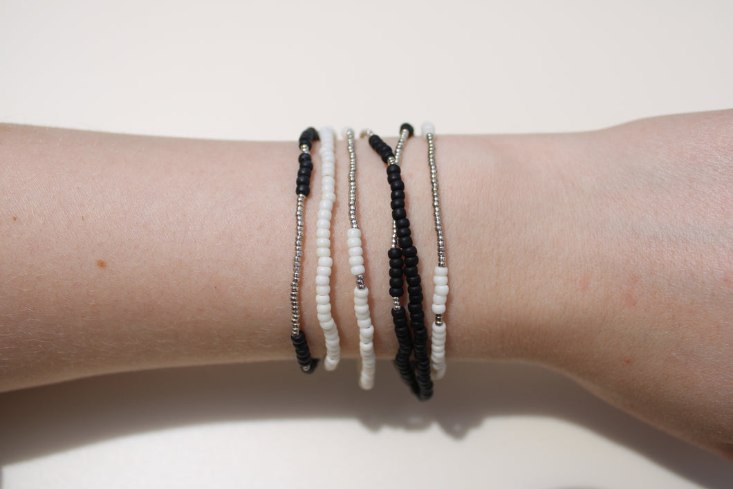 Black & Cream with Silver Seed Bead Stack
