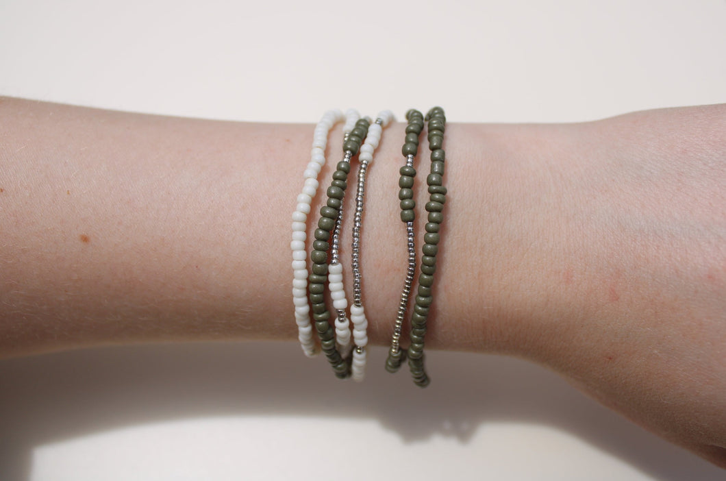 Green & Cream with Silver Seed Bead Stack