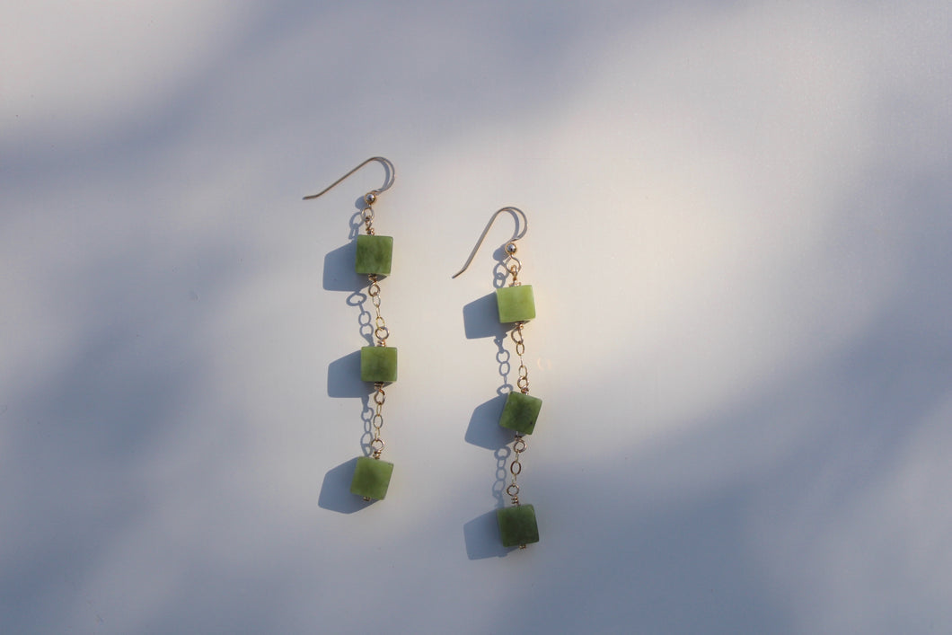 Green Square Drop Earrings in Gold